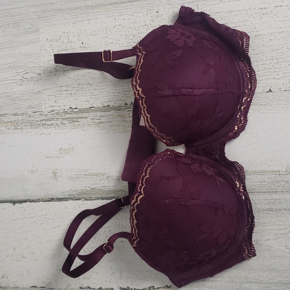 Victoria's Secret Dream Angels burgandy wine w gold trim lined demi bra Size 34C